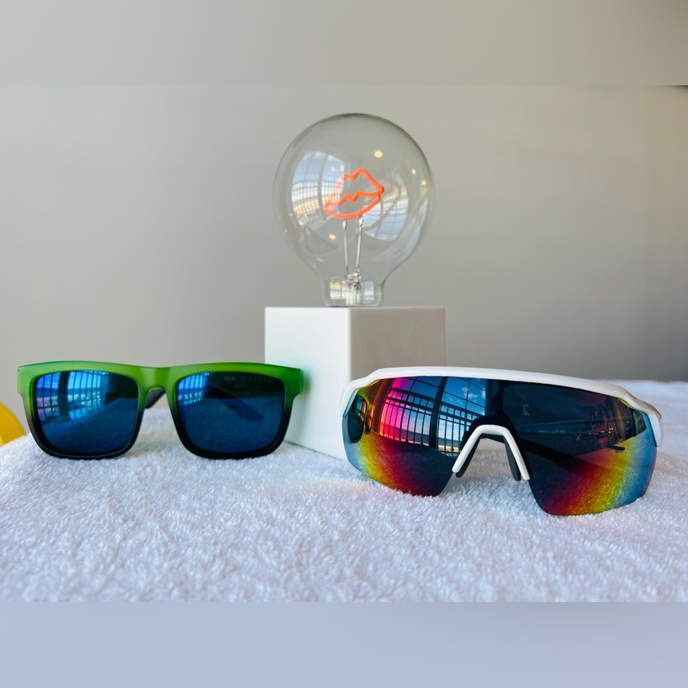 Men’s / Unisex Sunglasses - Two Pair - Green Wayfarer & White Rainbow Shield